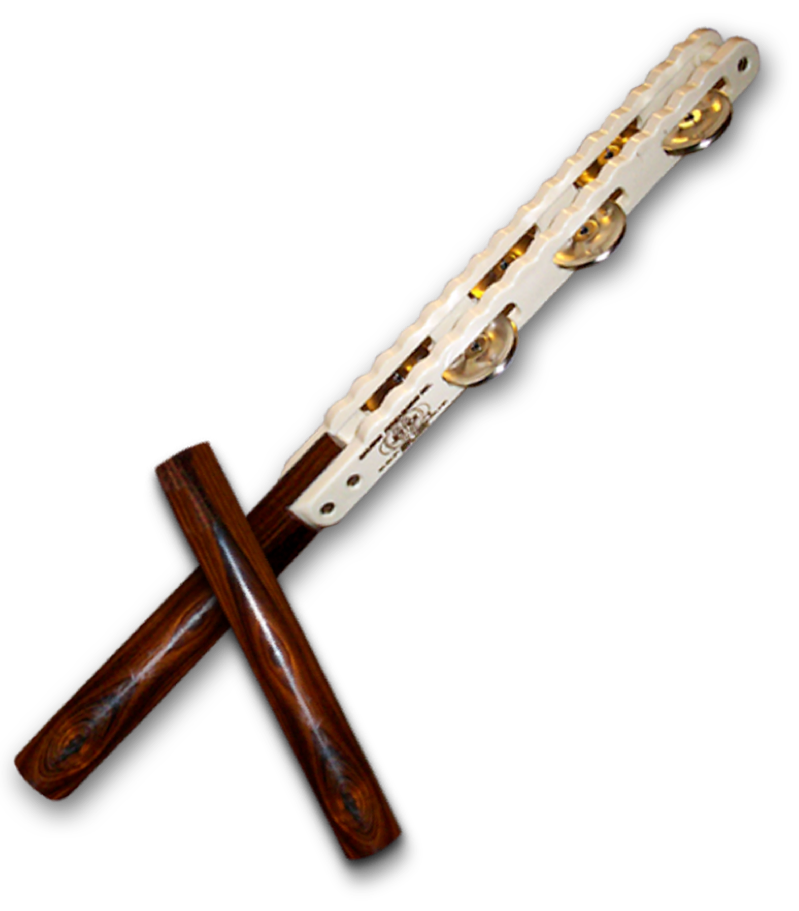 A brightly-lit PNG photo of a long-handled, custom-invented, hand-made musical instrument with ribbing and tambourine cymbals. Crossed over the handle; a matching, accompanying wooden clave.